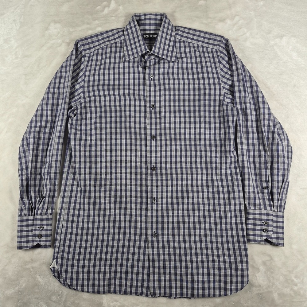 Tom Ford Button Up Shirt Men's 15.5 / 39‎ Blue Plaid Check Long Sleeve Comfort